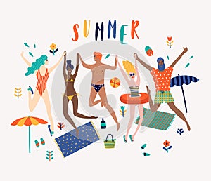 Summer beach cartoon vector illustration with young people