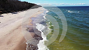 A summer beach on the coast of Poland, the Baltic Sea, aerial view