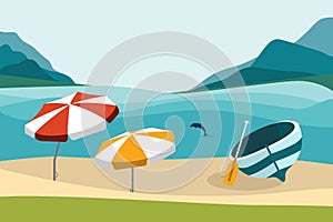 Summer beach with color umbrellas. Flat design