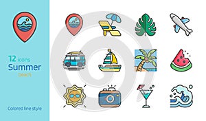 Summer beach colored line detailed icon set