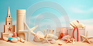 Summer beach composition. Shells and starfishes on sand beach on blue sky background. Created with generative Ai