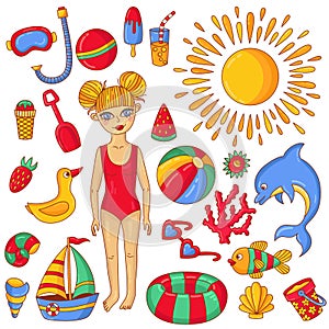 Summer beach doodle icons and child girl character vector illustration