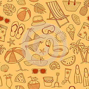 Summer and beach doodles seamless pattern