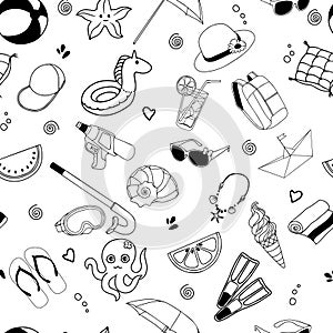 Summer beach doodles seamless pattern. Vector illustration of summer vacation elements. Black and white pattern