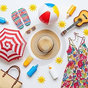 Summer beach essentials isolated on white background