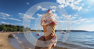 A Summer Beach Experience - Hand hold Melting ice cream cone at beautiful beach in summer with blue sky. Generative AI