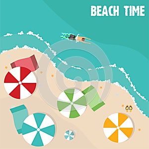 Summer beach in flat design, aerial view, sea side and umbrellas, vector illustration