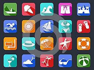 Summer beach flat icons set with long shadow