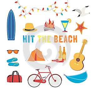 Summer beach fun adventure icon set flat vector