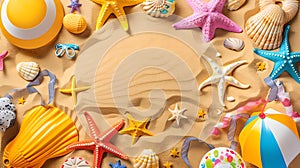 Summer Beach Fun with Colorful Toys and Shells on Sandy Background. Vibrant Vacation Concept, Holiday Design Elements
