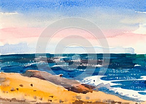 Summer beach with golden sand and wave. Hand drawn watercolor illustration