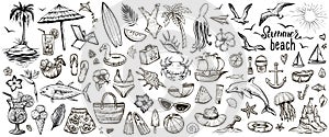 Summer beach, hand drawn vector collection. Set of summertime sketches of sea and vacantion objects.