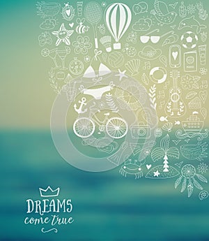 Summer beach hand drawn vector travel vacation doodle elements