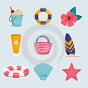 Summer Beach Holiday Elements Icons Set. Flat Design Illustration. Isolated Objects.