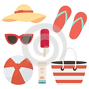 Summer beach holiday. Set for beach rest in flat design. Set of icons for relaxing on the beach. Perfect for web, card, poster,