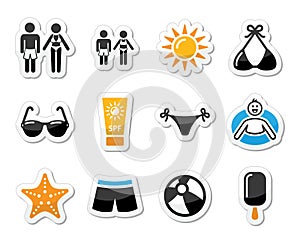 Summer beach holidays icons set