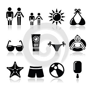 Summer beach holidays icons set