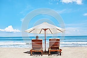 Summer Beach. Holidays Vacations. Woman Relaxing, Deck Chairs