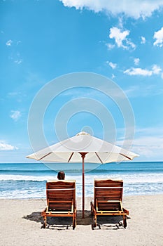 Summer Beach. Holidays Vacations. Woman Relaxing, Deck Chairs