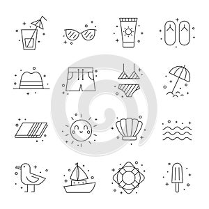 Summer beach icon set. Clean and simple outline design.