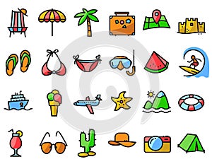 Summer beach icons set in line thin and simply style. Pictogram