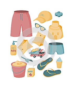 Summer beach items collection. A set of items for a beach holiday for a little boy, baby. Accessories for outdoor