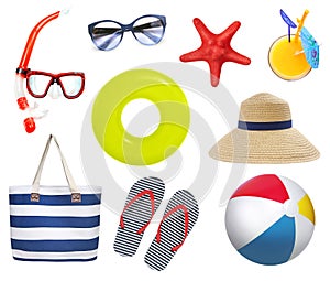 Summer beach items set isolated on white. Tourist beach objects