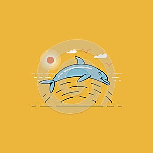 Summer beach landscape with blue dolphin in sea in flat design. Summertime travel vector illustration