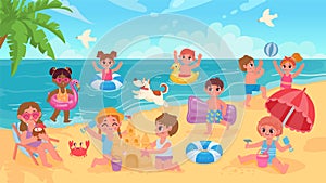 Summer beach landscape with kids swimming and playing with ball. Children in sea on rubber rings. Cartoon seaside