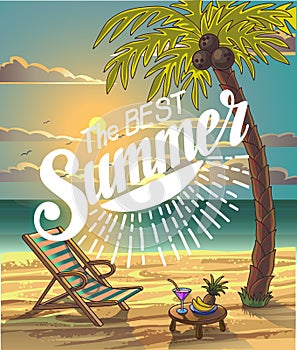 Summer Beach Lettering Vector Design in the Seashore with Palm tree and Chair.