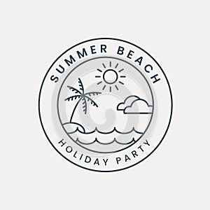 summer beach line art logo vector with emblem template illustration design. palm tree, sun and cloud icon design