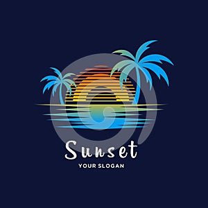 summer beach logo with sunset and palm tree design