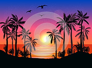 Summer beach night palm silhouettes on summer sunset with beautiful night sky background. Tropical sunset, summer