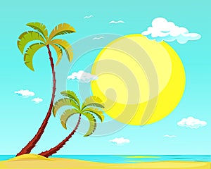 Summer beach with palm tree and big sun - vector