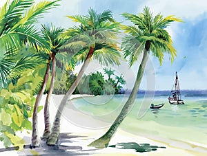 Summer beach with palm trees, seagulls and boat on shore, hand drawn, vector