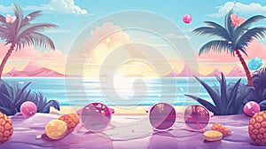 Summer beach with palm trees, sun glasses and seashells. Vector illustration