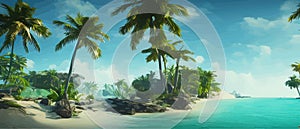 Summer on the beach. Palms and plants around. Vector illustration. Summer