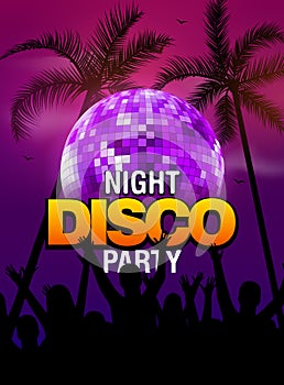 Summer beach party disco poster design with disco ball element and people silhouette. Vector beach party flyer with palm