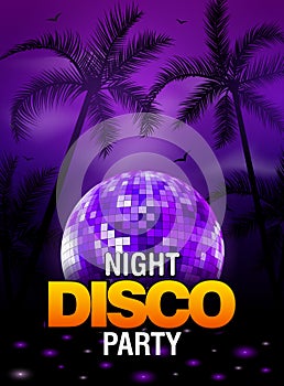 Summer beach party disco poster design with disco ball element. Vector beach party flyer with palm. Music beat template