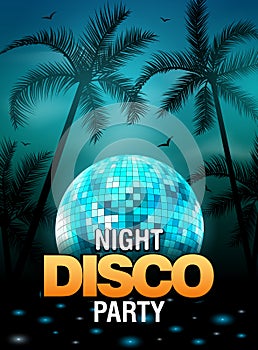 Summer beach party disco poster design with disco ball element. Vector beach party flyer with palm. Music beat template