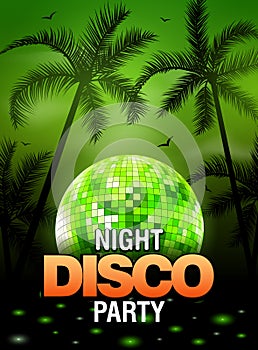 Summer beach party disco poster design with disco ball element. Vector beach party flyer with palm. Music beat template