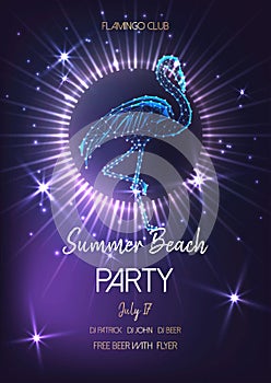 Summer beach party flyer with glowing low poly flamingo, light circle, rays, stars and text
