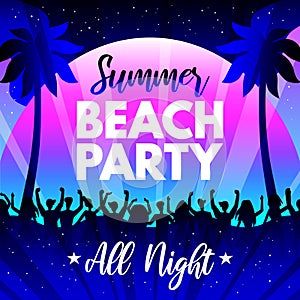 Summer Beach Party gradient background with young people, stars and palm trees for banner, flyer, poster, invitation. Abstract
