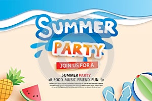 Summer beach party with paper cut symbol and icon for invitation