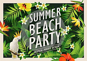 Summer beach party poster design template with palm trees, banner tropical background.