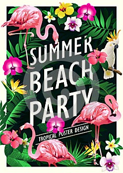 Summer beach party poster design template with palm trees, banner tropical background.