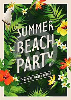 Summer beach party poster design template with palm trees, banner tropical background. Vector illustration.