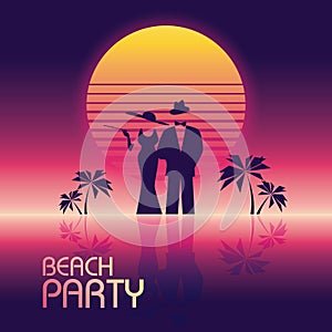 Summer beach party vector banner or flyer template. 80s retro neon glow style. Elegant, stylish man in suit, woman in