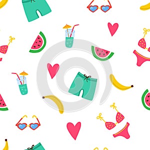 Summer beach pattern with swimsuits, watermelon pices, banana, coctail, hearts. Summer vibes texture. Modern bright