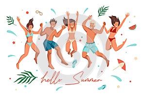 Summer beach people. Happy friends jumping. Cartoon characters standing together and holding hands. Young men and women